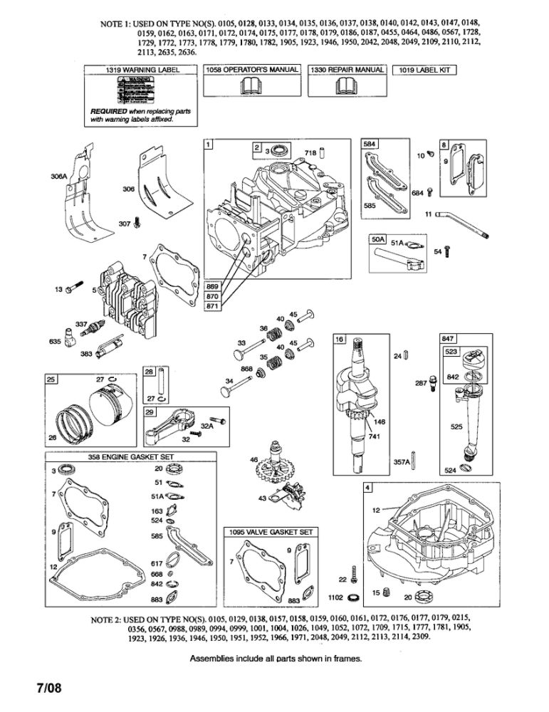 Cylinder/Crankshaft/Sump Diagram and Parts List for 124T00 0101-4305 Briggs and Stratton Engine